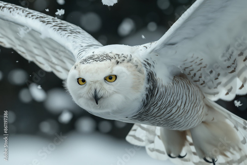 Snowy owl gliding through snowfall with intense gaze photo