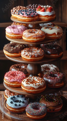 Vector image of a selection of donuts with different frosting and toppings on a display stand.