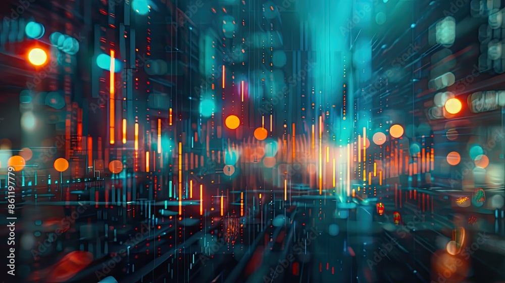 Fototapeta premium Abstract data visualization with glowing forex chart over a blurry urban scene