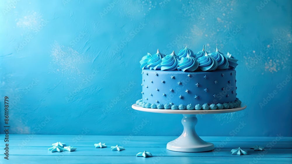 Birthday cake with blue birthday frosting on a festive blue background ...