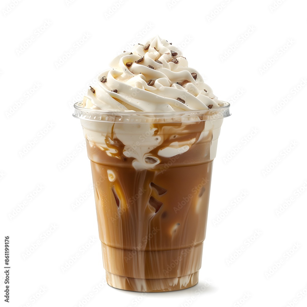 Refreshment ice Coffee with wipped cream on it served in transparent plastic cup. Refreshment ice Coffee with wipped cream on it served in transparent plastic cup.