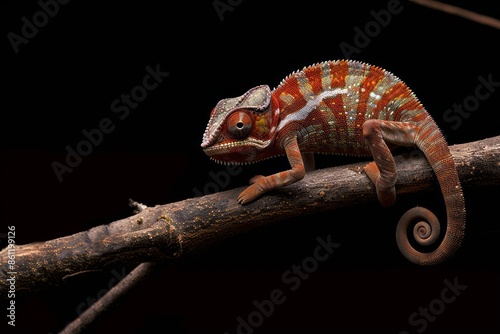 Yemen chameleon on branch against black background. photo