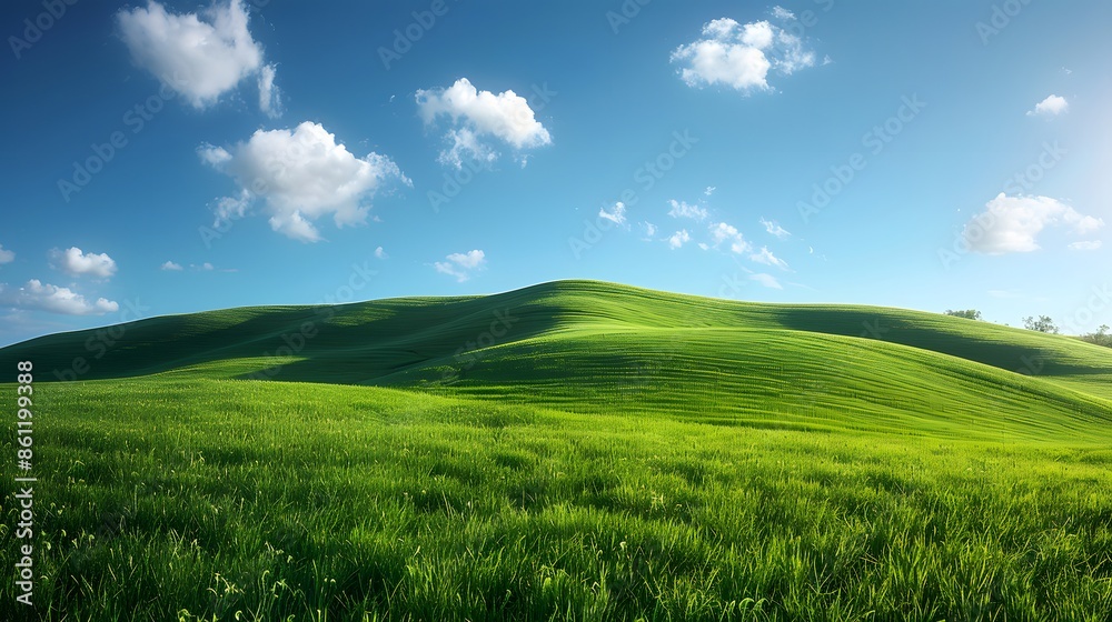 Green grass valley and cloudy blue sky, overlay, horizontal. Green grass valley and cloudy blue sky, overlay, horizontal.