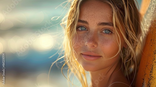 Surfer Girl with Blonde Hair and Freckles Holding a Yellow Surfboard by the Ocean