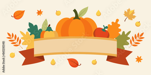 
A banner with pumpkins, leaves, and a ribbon on white background. A banner featuring pumpkins, leaves, and a ribbon on a white background, symbolizing autumn and harvest season
