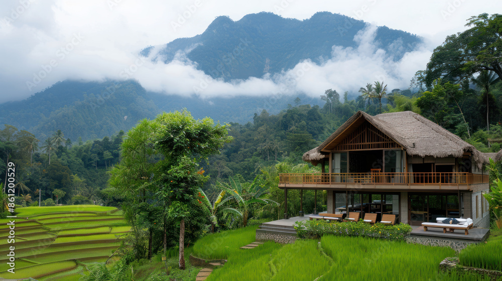Wooden house at tropical terraces and fresh green paddy field Wooden house at tropical terraces and fresh green paddy field