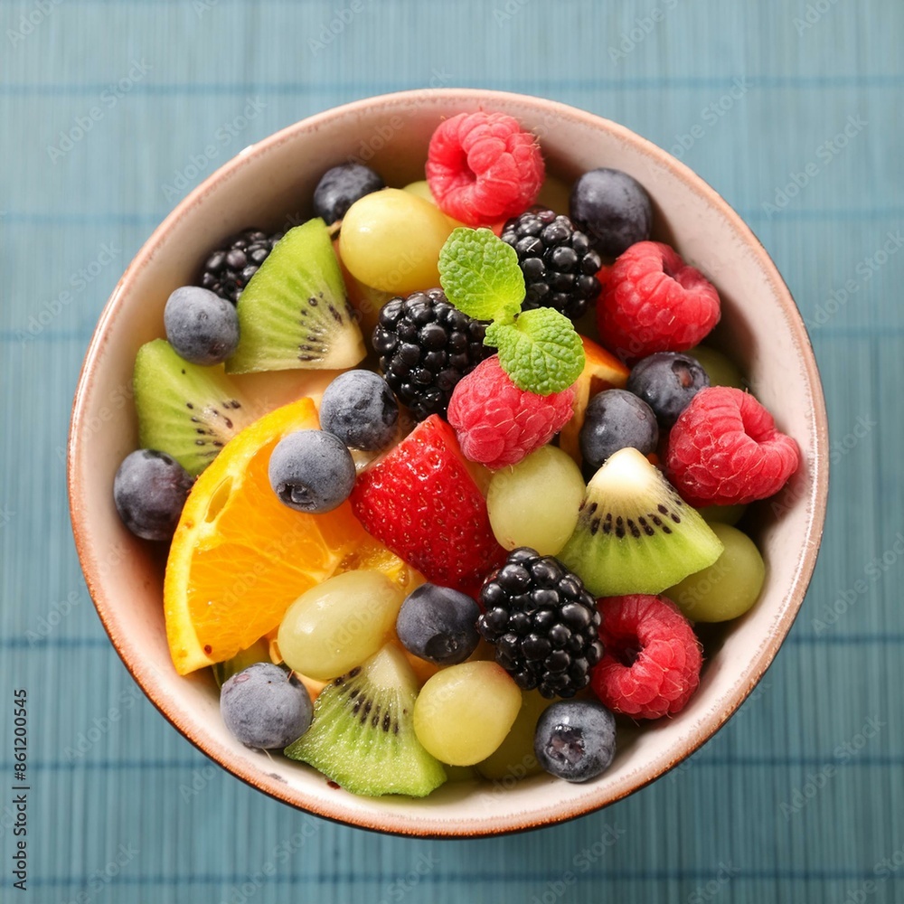 Obraz premium Healthy fresh fruit salad topped in bowl 