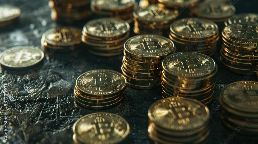 Close-up of multiple stacks of Bitcoins on a black wooden table, representing wealth accumulation Close-up of multiple stacks of Bitcoins on a black wooden table, representing wealth accumulation