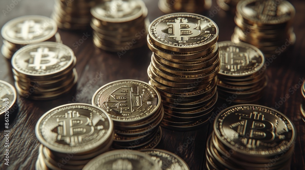 Close-up of multiple Bitcoin stacks on a dark wooden surface, representing crypto investment Close-up of multiple Bitcoin stacks on a dark wooden surface, representing crypto investment