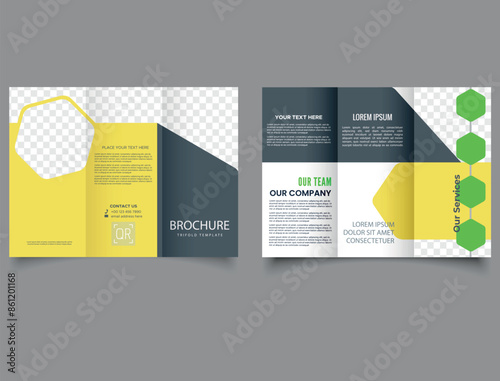 Corporate yellow gray trifold brochure. For education. Flyer leaflet. Professional tri fold brochure vector design.