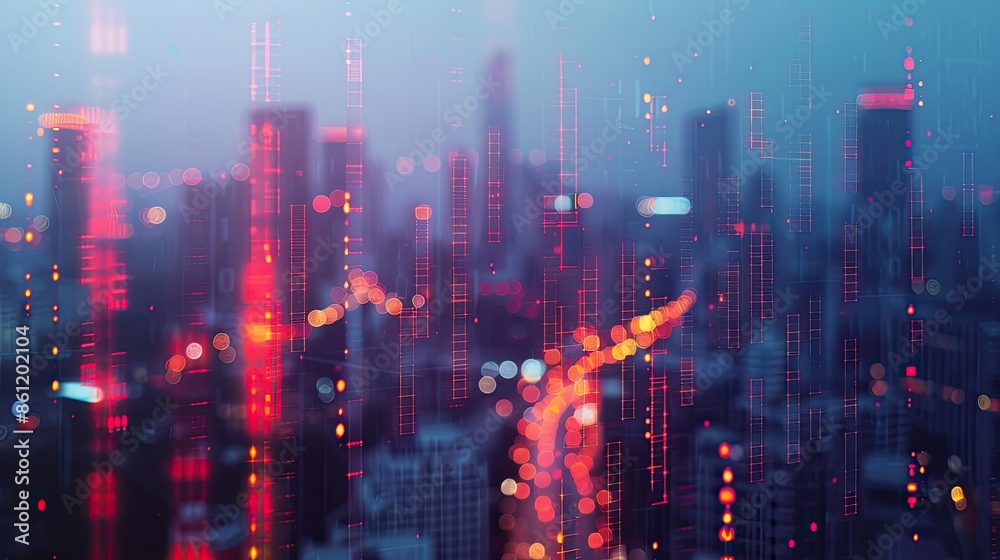 Glowing forex chart data overlaid on a blurry cityscape at dusk Glowing forex chart data overlaid on a blurry cityscape at dusk