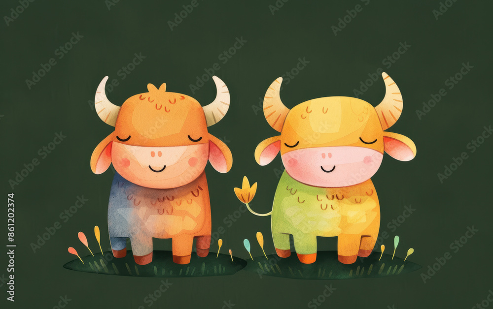 Fototapeta premium Two cartoon cows with horns are standing in a field of grass