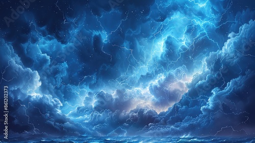 Dramatic night sky filled with blue clouds and lightning, creating an ethereal and powerful atmosphere over a dark landscape.