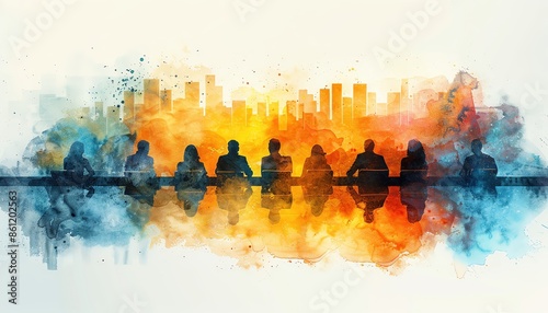 Silhouette of people sitting at a long table against a vibrant watercolor cityscape backdrop, symbolizing teamwork and collaboration.