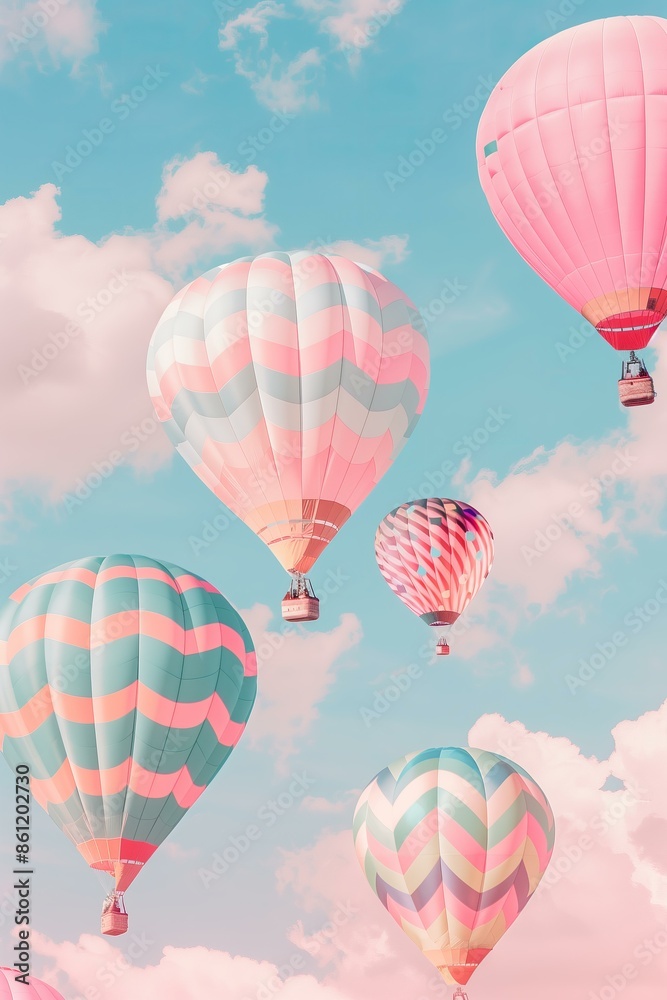 Obraz premium hot air balloons with geometric patterns, floating against a pastel sky. The style is whimsical and colorful, with a dreamy and playful mood