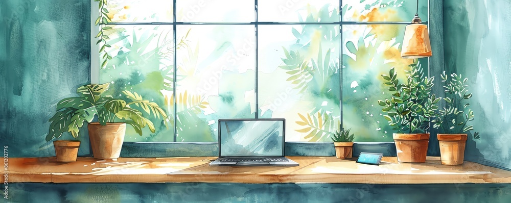 Sunlit home office desk with laptop, potted plants, and a view through the large window. Inspiring work environment with natural light and greenery. Sunlit home office desk with laptop, potted plants, and a view through the large window. Inspiring work environment with natural light and greenery.