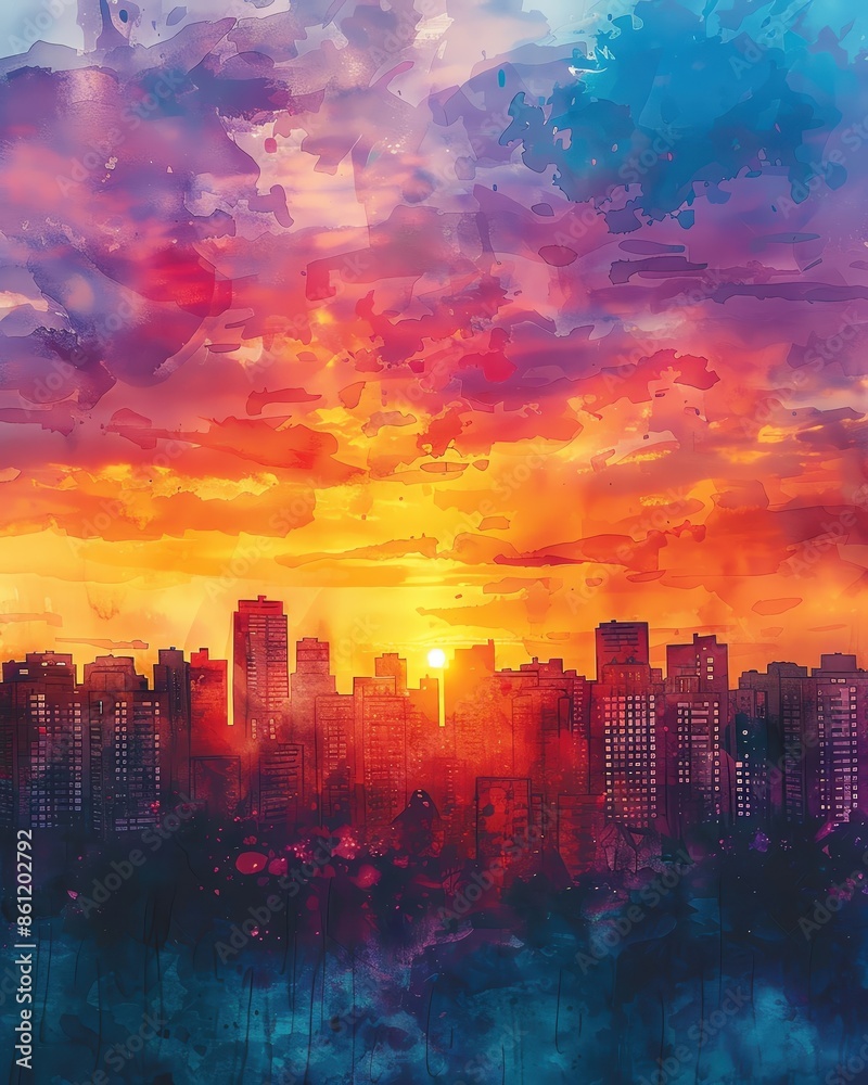 Fototapeta premium Stunning watercolor painting of a vibrant city skyline at sunset with dramatic clouds and colorful hues in the sky.