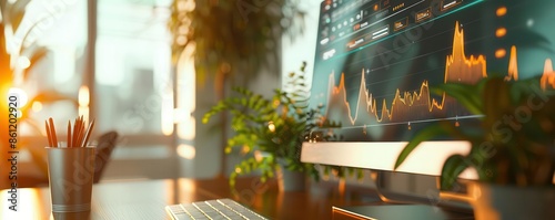 Elegant office with a shining portfolio and capital growth indicators, capital, financial success