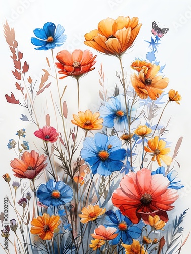 Vibrant watercolor of various colorful flowers on a light background.