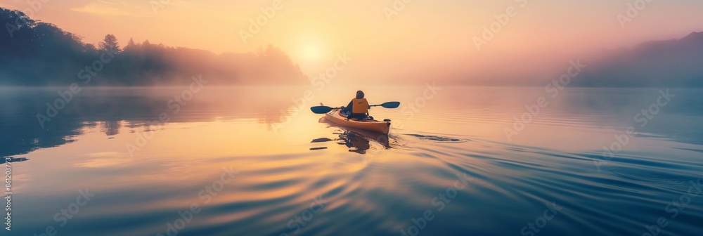 A lone kayaker paddling on a tranquil lake during a beautiful sunset, surrounded by mist and nature, evoking peace and solitude. A lone kayaker paddling on a tranquil lake during a beautiful sunset, surrounded by mist and nature, evoking peace and solitude.