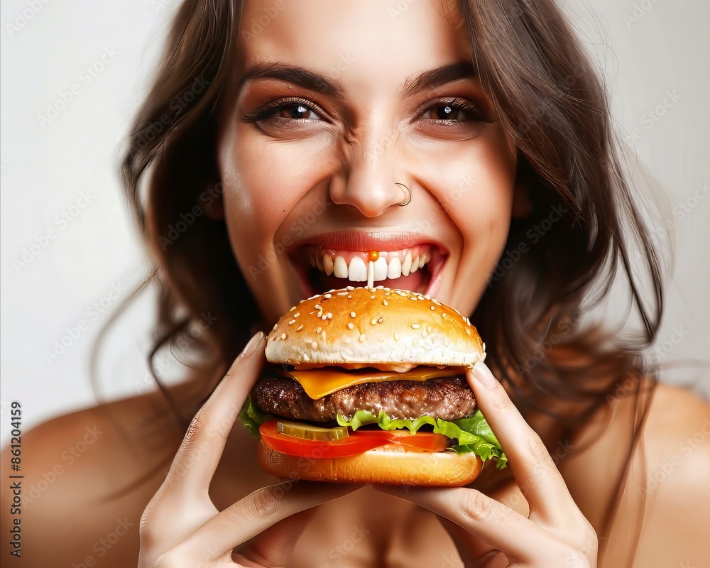 Woman Happy Big Bite Burger Woman Happy Big Bite Burger