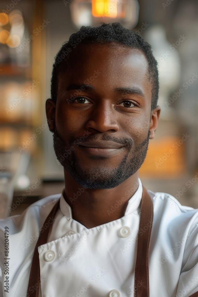 Portrait of black male barista or waiter at restaurant. Attractive man in shirt and apron looking at camera in friendly manner and smiling. Close-up Portrait of black male barista or waiter at restaurant. Attractive man in shirt and apron looking at camera in friendly manner and smiling. Close-up