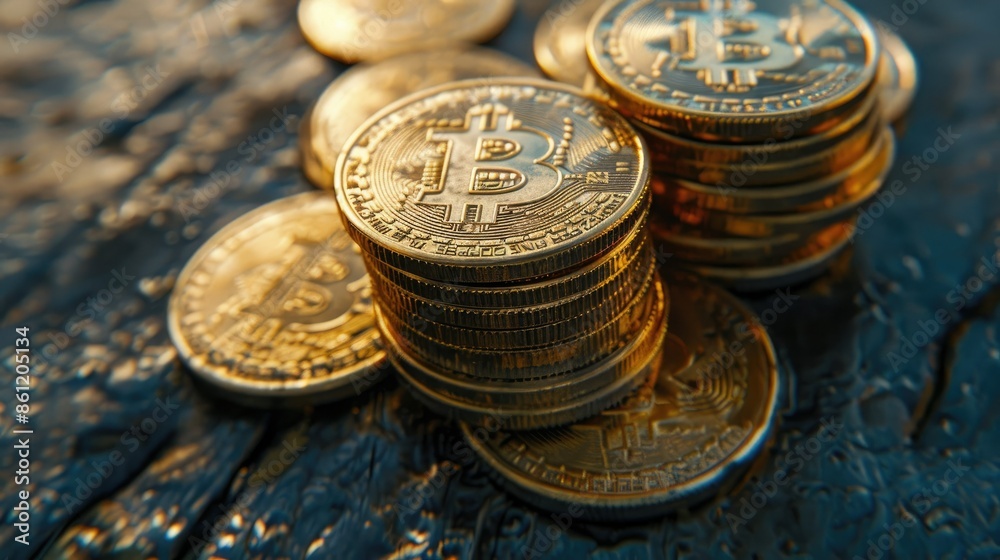 Stacks of shiny golden Bitcoins on a black wooden surface, showcasing cryptocurrency investment Stacks of shiny golden Bitcoins on a black wooden surface, showcasing cryptocurrency investment