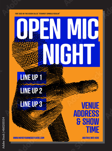 Open mic night flyer or placard template. Stand up comedy show poster. Drawing artworks retro microphone with middle finger and microphone, Typography banner design. Vector eps illustration