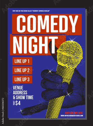 Open mic night flyer or placard template. Stand up comedy show poster. Drawing artworks retro microphone with grenades or bomb, Typography banner design. Vector eps illustration