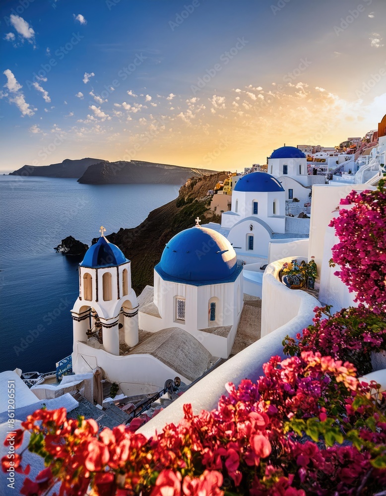 Fototapeta premium Blue Domed Churches of Oia at Sunset