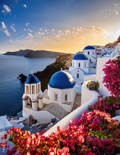 Blue Domed Churches of Oia at Sunset