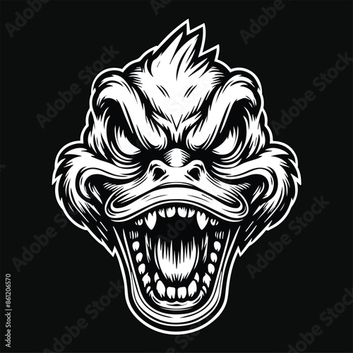 Dark Art Scary Duck Head with Sharp Teeth Black and White Illustration