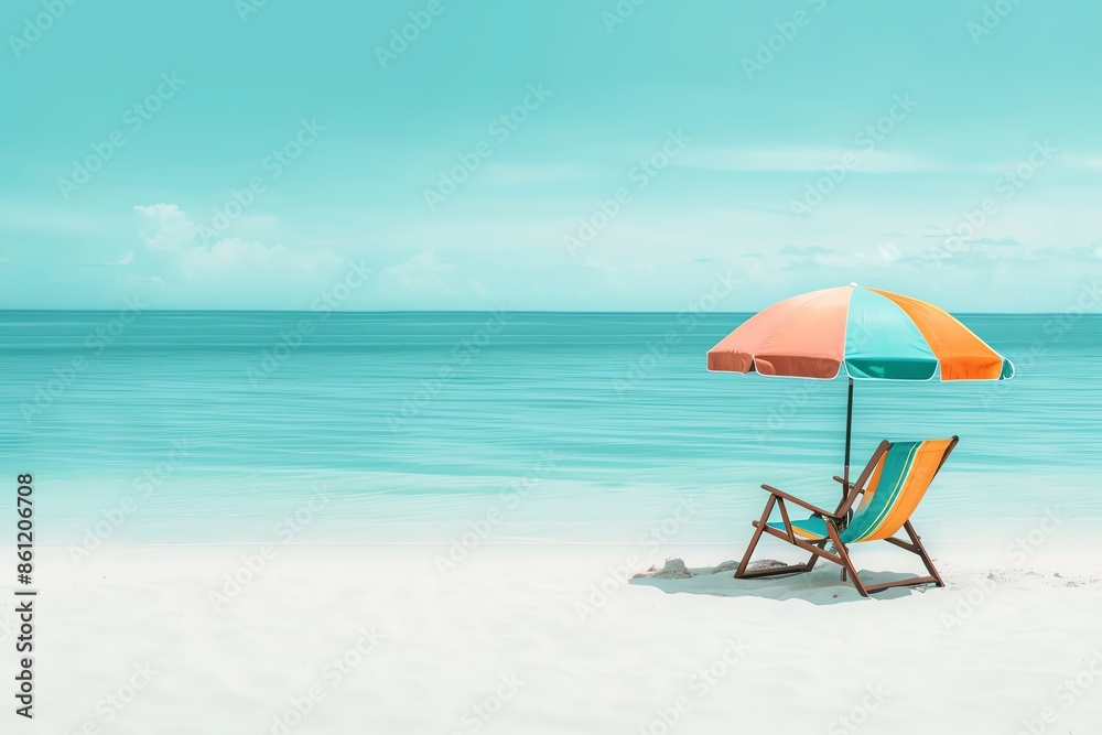 An empty beach chair under a colorful umbrella, crystal-clear water, soft white sand, minimalistic, cool tones, digital art, relaxing summer escape An empty beach chair under a colorful umbrella, crystal-clear water, soft white sand, minimalistic, cool tones, digital art, relaxing summer escape