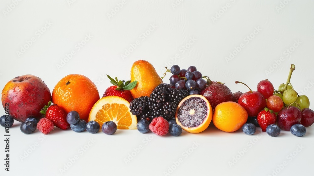 Vibrant assortment of fruits and berries isolated on a white surface, ideal for health and nutrition themes Vibrant assortment of fruits and berries isolated on a white surface, ideal for health and nutrition themes