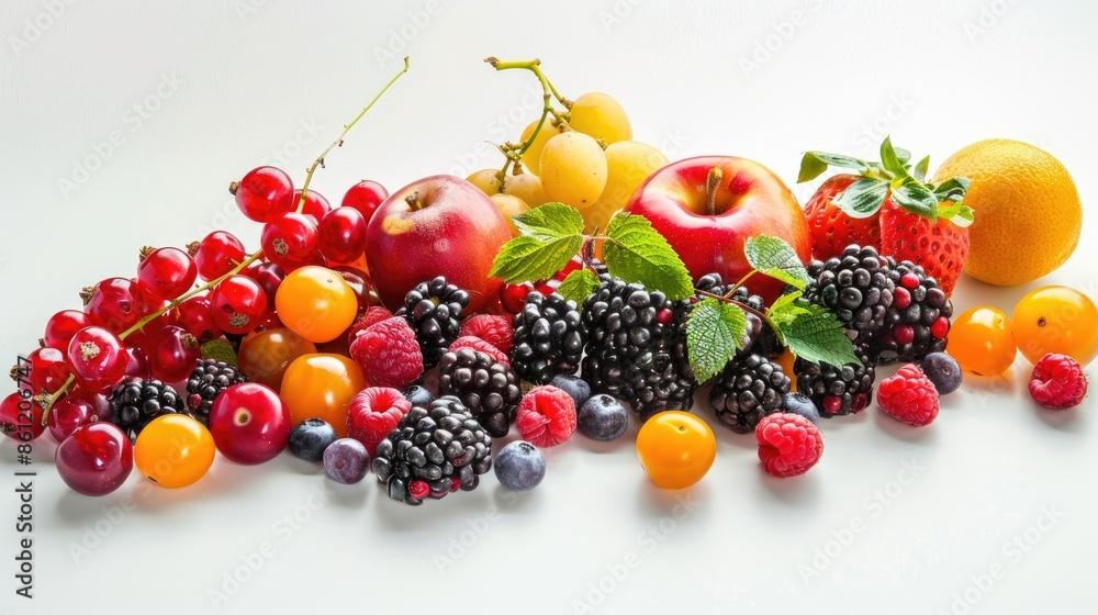 Vibrant assortment of fruits and berries isolated on a white surface, ideal for health and nutrition themes Vibrant assortment of fruits and berries isolated on a white surface, ideal for health and nutrition themes