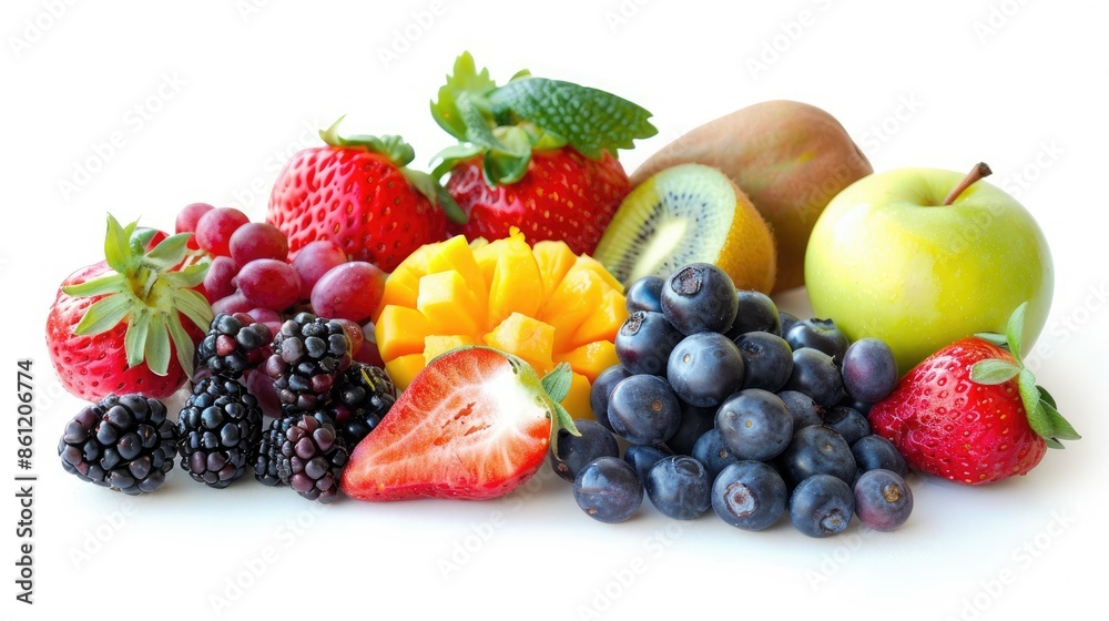Vibrant assortment of fruits and berries isolated on a white surface, ideal for health and nutrition themes Vibrant assortment of fruits and berries isolated on a white surface, ideal for health and nutrition themes