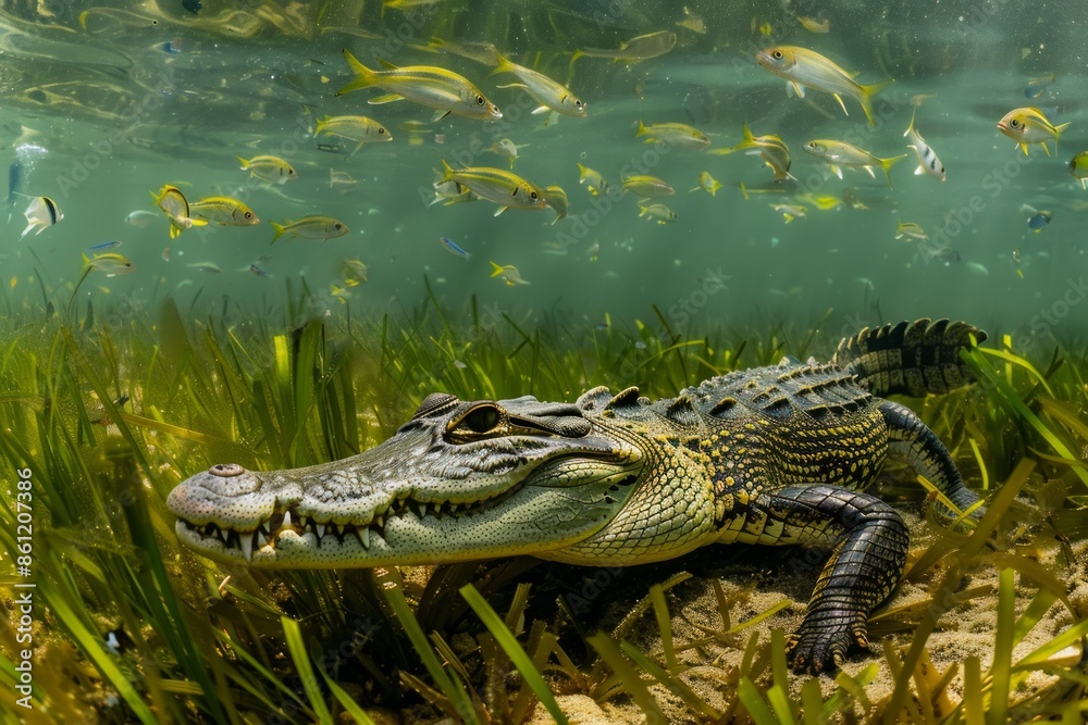 Obraz premium a crocodile sits on the bottom in the eel grass with school of fish above. teeth and tail are showing