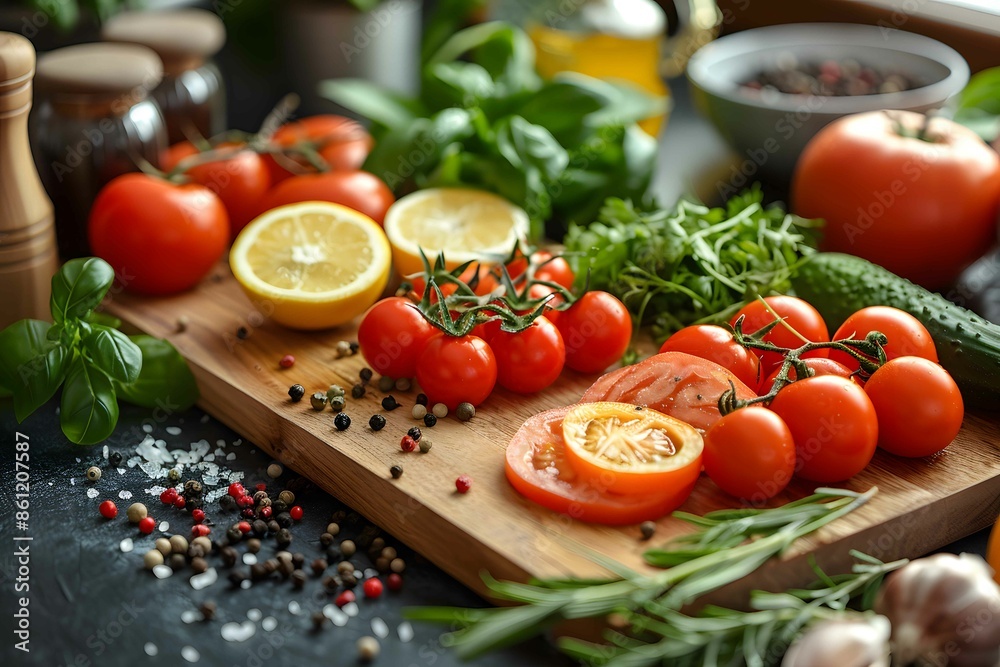 Healthy, colorful ingredients on a counter. Healthy, colorful ingredients on a counter.