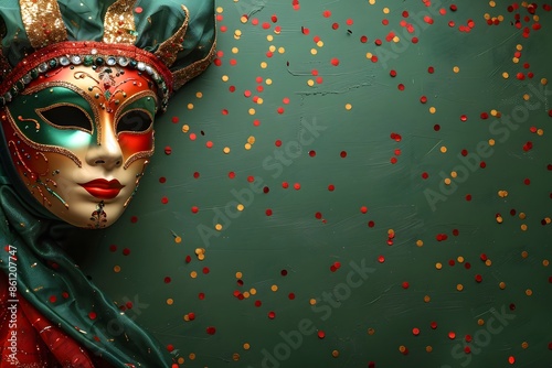 Festive Venetian Mask with Glitter and Confetti on Green Background - Perfect for Mardi Gras or Carnival Celebrations © D
