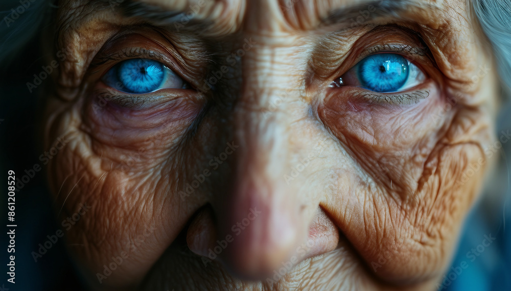 Ultra close up of the face of an elderly woman with wrinkles and startling bright blue eyes Ultra close up of the face of an elderly woman with wrinkles and startling bright blue eyes