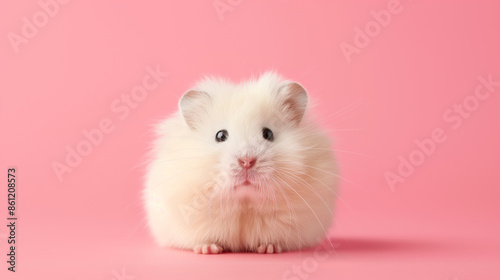 A white hamster sits on a pink background, looking directly at the camera with a curious expression. © Pro Hi-Res