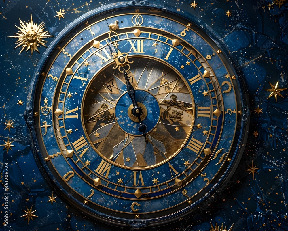 Obraz premium Celestial Zodiac Clock Showcasing Astrological Time Passage