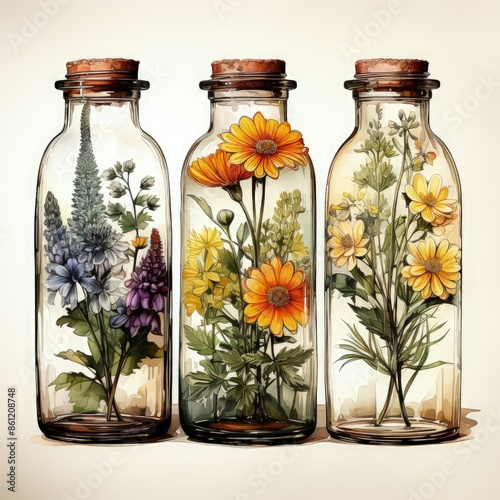 set Vintage floral: watercolor Iiiustration of Wildflowers in Whiskey Bottle Vases photo