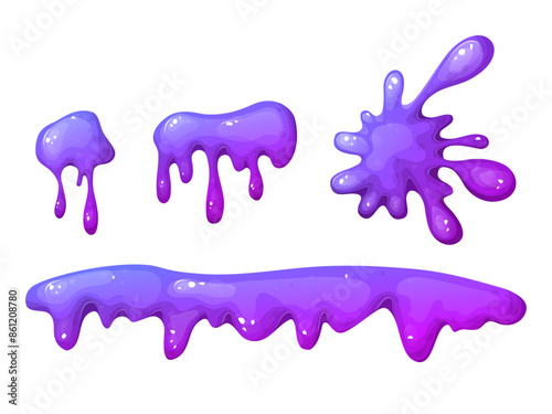 Splat slime mucus. Sticky liquid goo spots and blobs. Colorful jelly cartoon snot and smudges. Vector illustration isolated on white background
