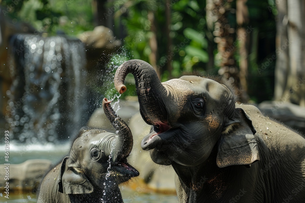 Naklejka premium A mother and baby elephant faces the camera and squirts water into its mouth. togetherness and humor in a family
