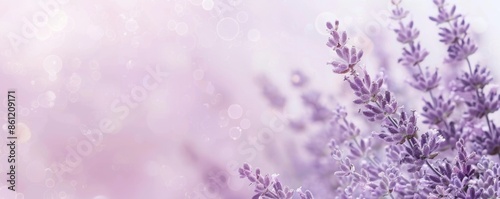 Lavender flowers against a pastel background. Soft light and purple blooms create a serene and calming atmosphere in this stock photo.