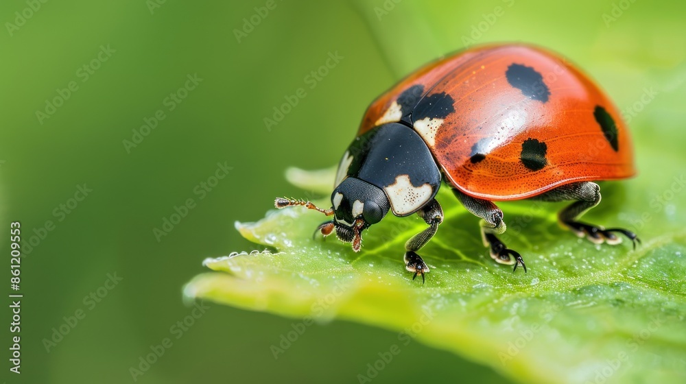Small red-orange ladybug on a green leaf Small red-orange ladybug on a green leaf