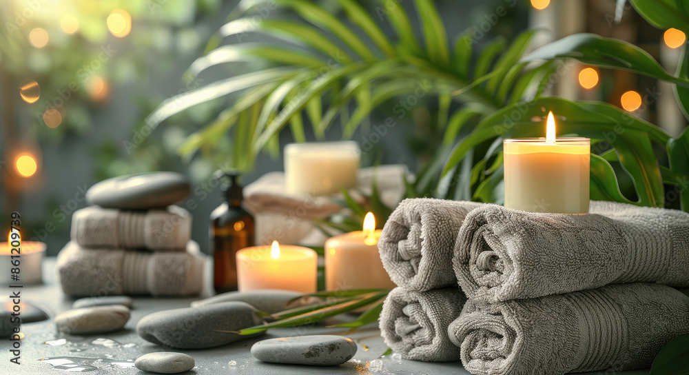 Spa background of folded towels in spa salon, luxury spa concept with candles, aroma oils and creams, massage stones and fresh green plants. Generative AI. Spa background of folded towels in spa salon, luxury spa concept with candles, aroma oils and creams, massage stones and fresh green plants. Generative AI.