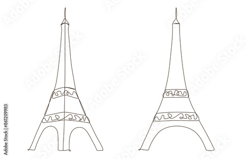 Line art of two simple Eiffel tower. front view, landmark, paris france elegant symbol cityscape design element