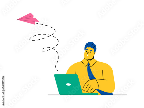 Business man working on laptops. Concept  working process, management, freelance. Flat vector illustration isolated on white background